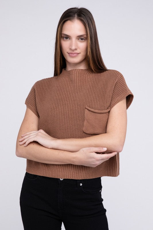 Mock Neck Short Sleeve Cropped Sweater