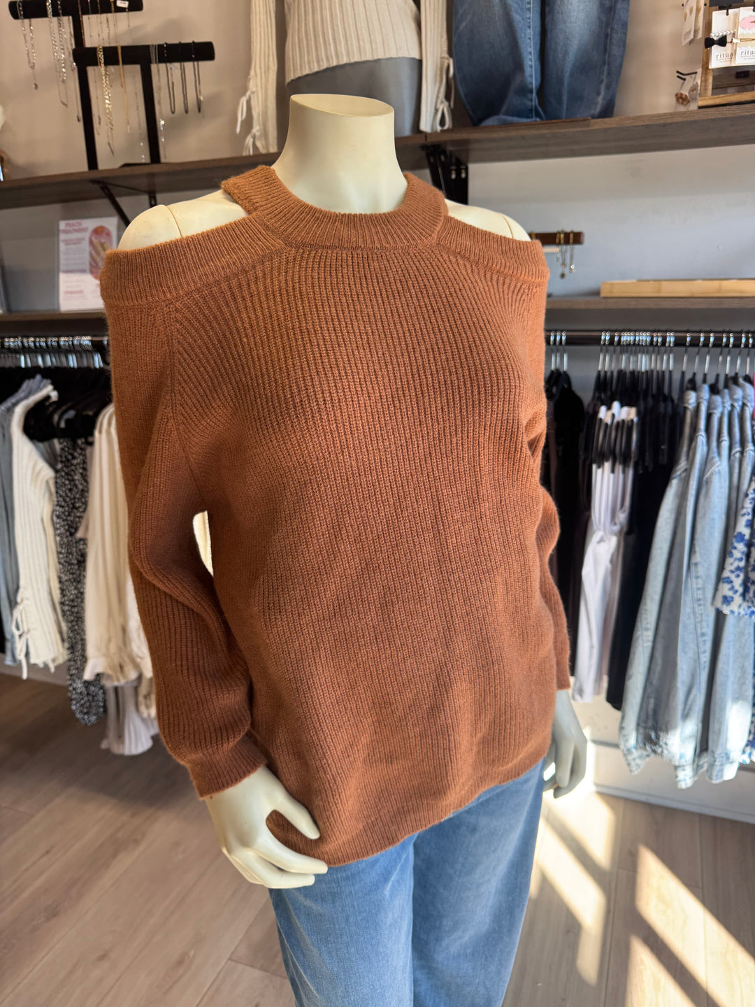 Pumpkin Spice Cold Shoulder Sweater