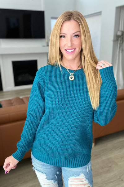 High Low Waffle Knit Sweater in Ocean Teal - SAMPLE