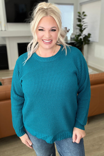 High Low Waffle Knit Sweater in Ocean Teal - SAMPLE