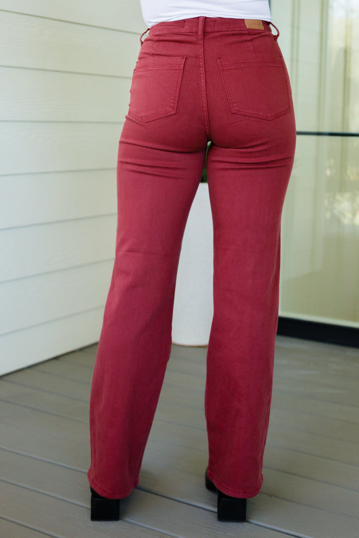 Phoebe High Rise Front Seam Straight Jeans in Burgundy