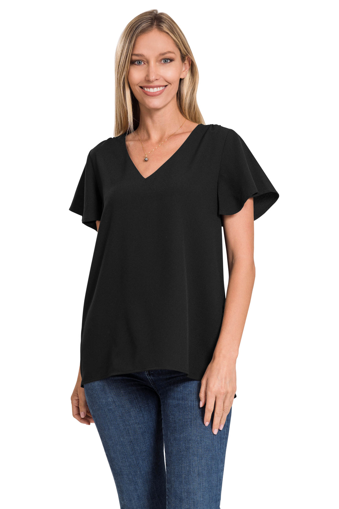 Ruffle Sleeve V-Neck Blouse Black