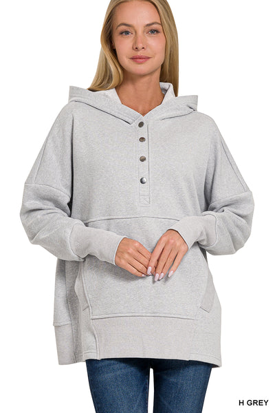 Button Front Henley Hoodie - Heather Gray