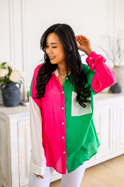 Capture the Day Two Toned Button Up Kelly - FINAL SALE