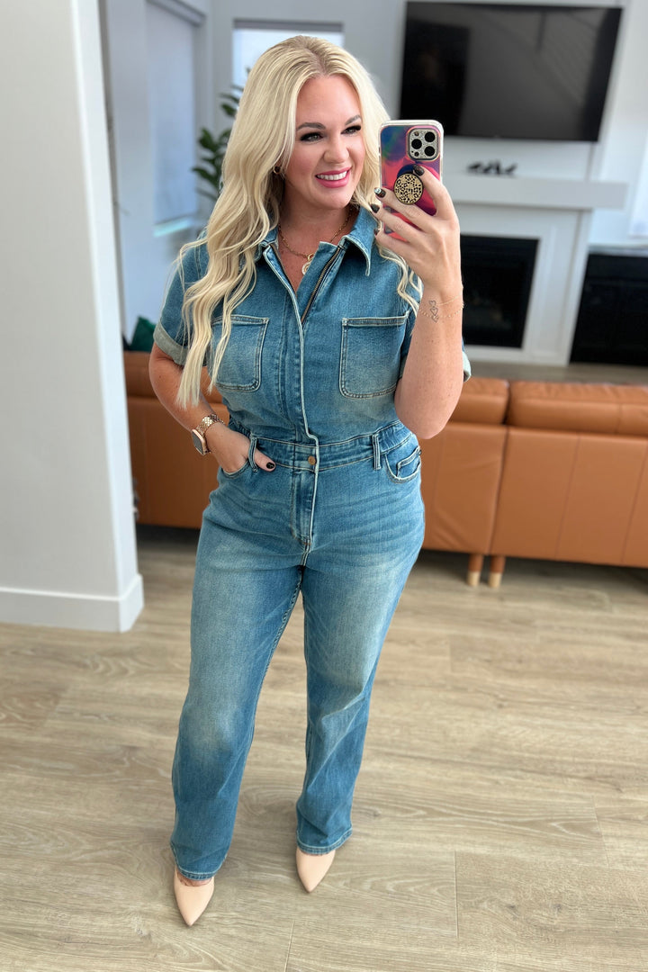 Sylvia Short Sleeve Denim Jumpsuit